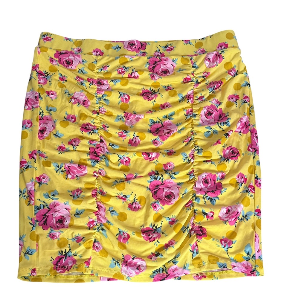 Torrid Betsey Johnson Yellow Ruched Mini‎ Skirt Size 1X Polka Dot Floral NEW